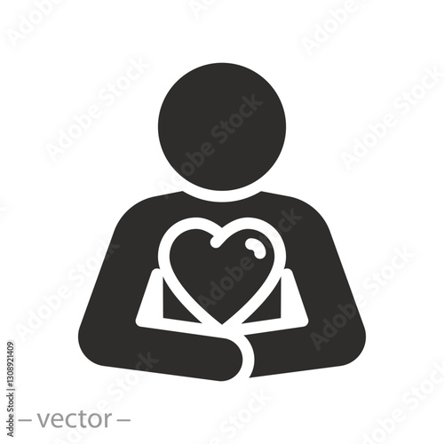 self love, human with heart icon, yourself care, flat vector illustration