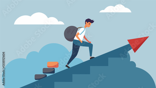 An illustration of a person walking uphill with a heavy backpack labeled student debt representing the continuous struggle and uphill battle of paying. Vector illustration