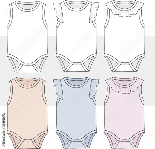 new born baby girls kids romper unisex bodysuit set infant onesies baby clothes set flat sketch vector illustration, cad.