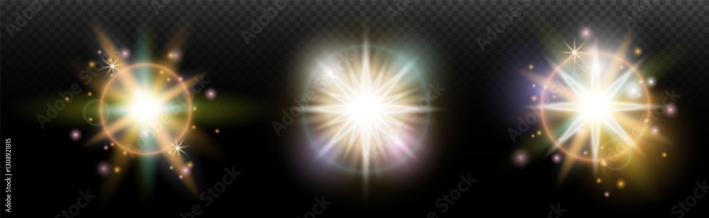 Set of flash light effect with glare and glow on a transparent background. Magic, rainbow glow, shining light, stars, optical flares for design, photomontage, New Year and holiday projects. Set of flash light effect with glare and glow on a transparent background. Magic, rainbow glow, shining light, stars, optical flares for design, photomontage, New Year and holiday projects.