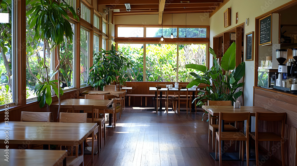 Fototapeta premium Empty Cafe Interior With Wooden Tables Chairs Windows And Green Plants Under Bright Daylight