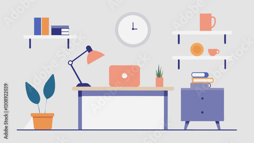 A minimalist home office with a thrifted white desk a thrifted lamp and a minimalistic thrifted wall clock.. Vector illustration