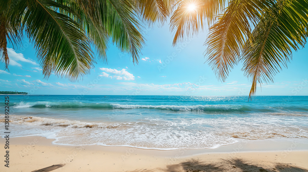 Tropical beach with turquoise waves and palm trees under a summer sun Tropical beach with turquoise waves and palm trees under a summer sun