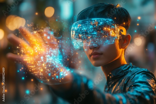 Wallpaper Mural Exploring digital realms with virtual reality technology in an urban setting at dusk Torontodigital.ca