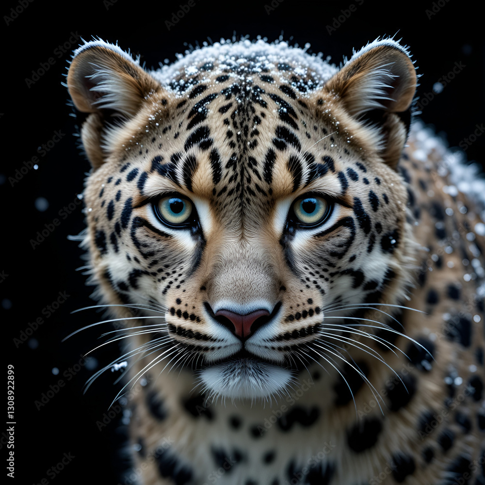 Fototapeta premium Snow leopard against black background.