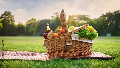 Generated image = Vintage picnic hamper with vegetarian food on the grass in park
