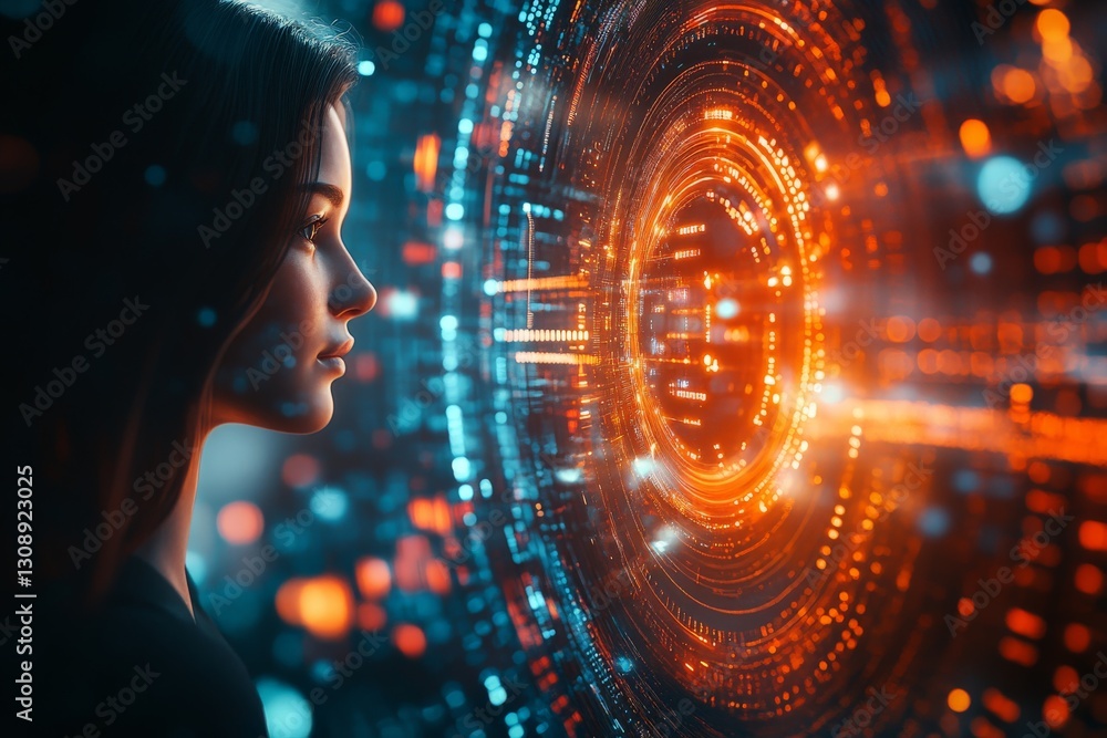 Woman gazing thoughtfully at a futuristic interface displaying glowing patterns and lights in a high-tech environment Woman gazing thoughtfully at a futuristic interface displaying glowing patterns and lights in a high-tech environment