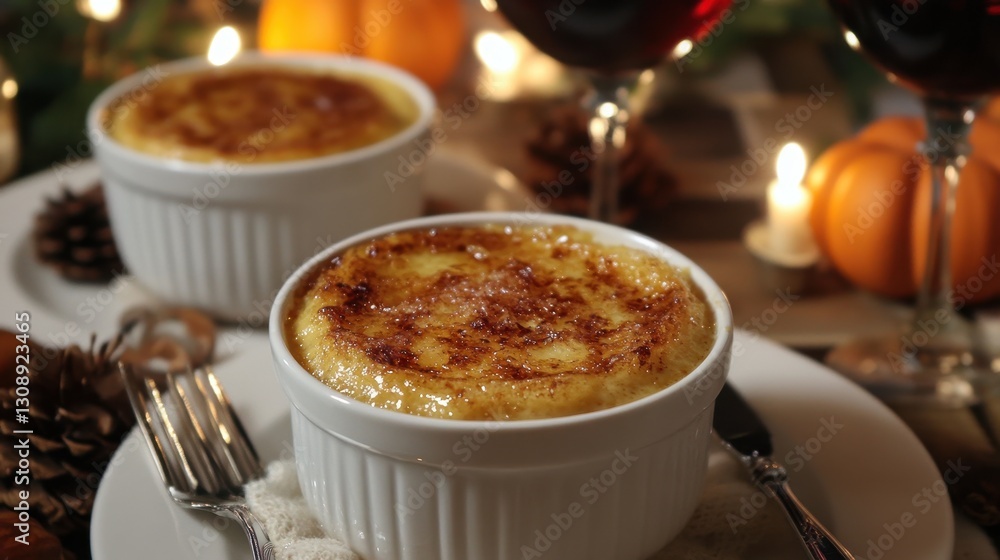 Delicious crème brûlée in ramekins, autumn setting. Perfect for Thanksgiving, fall recipes, or dessert menus. Delicious crème brûlée in ramekins, autumn setting. Perfect for Thanksgiving, fall recipes, or dessert menus.