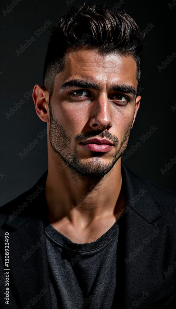 Man in Black Suit with Intense Gaze on Dark Background Man in Black Suit with Intense Gaze on Dark Background