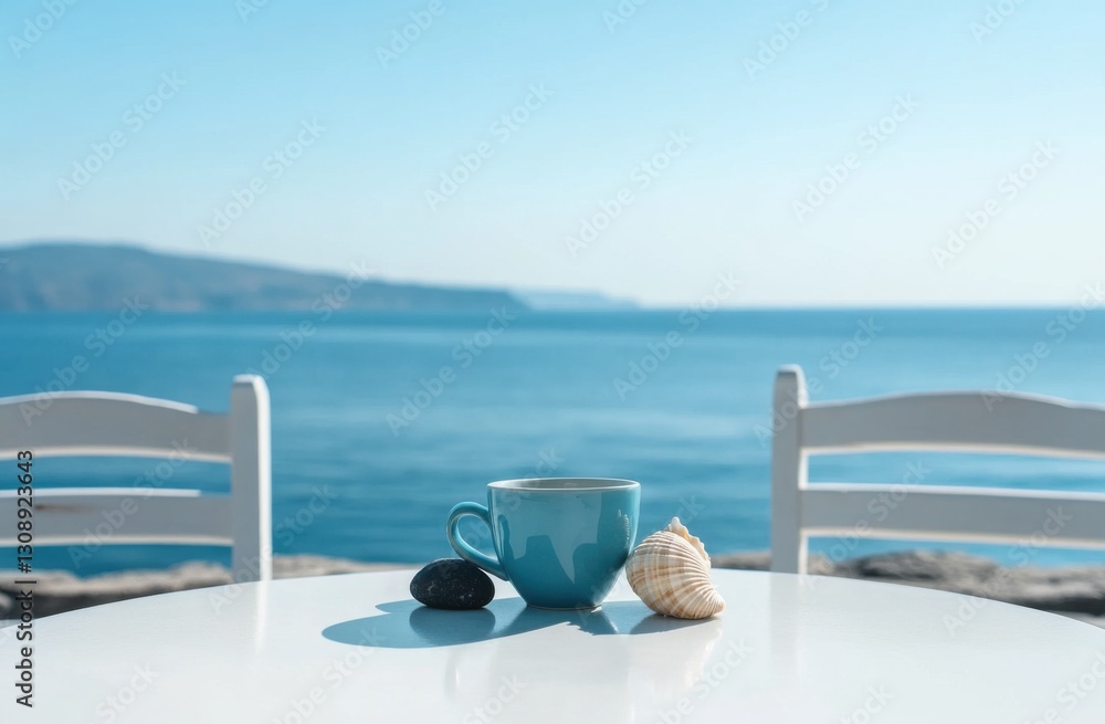 Blue coffee cup, shell and black pebble are placed on a white table with two chairs next to it. In the background is a serene view of the sea and a clear blue sky. Creating a beautiful summer scene. Blue coffee cup, shell and black pebble are placed on a white table with two chairs next to it. In the background is a serene view of the sea and a clear blue sky. Creating a beautiful summer scene.