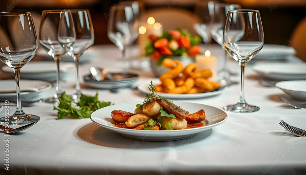 Elegant Table Setting with Plates Wine Glasses and Food for a Dinner