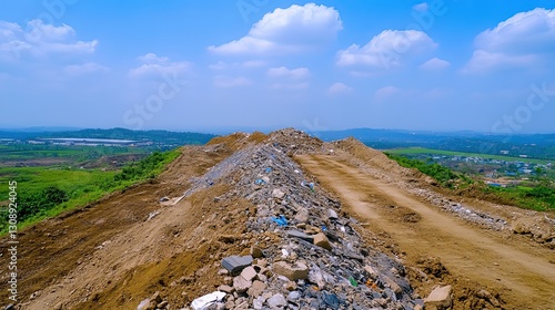 Scenic Landscape with Dirt Path and Pile of Construction Debris