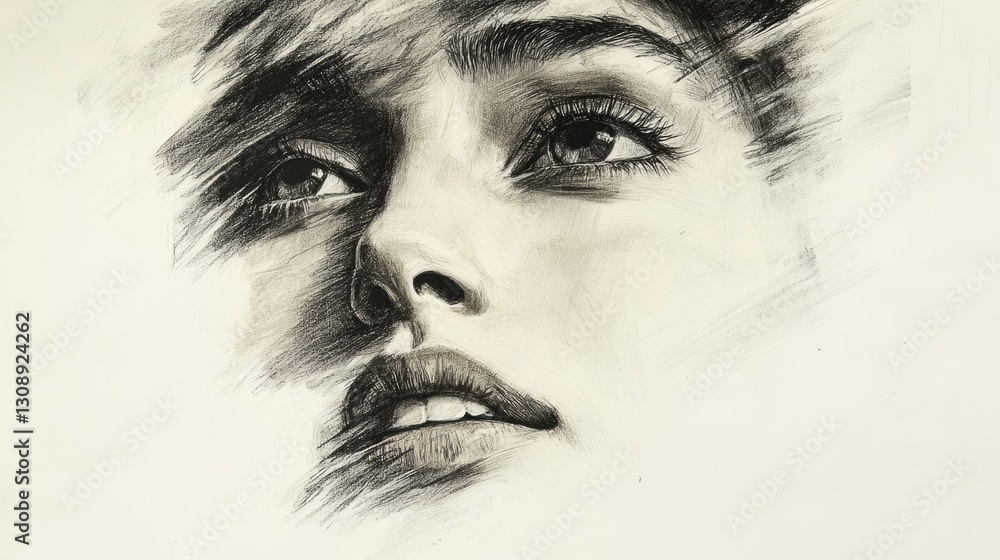 Fototapeta premium A black and white drawing of a woman's face with detailed features