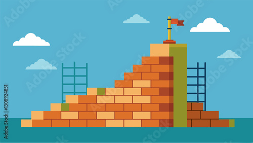 Walls being constructed brick by brick as the building rises higher and higher.. Vector illustration