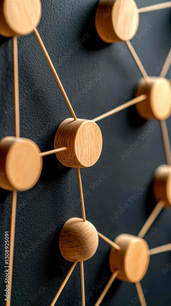 Wood Nodes Connected with Rods on Dark Background Depicting Network Concept and Interconnectedness Wood Nodes Connected with Rods on Dark Background Depicting Network Concept and Interconnectedness
