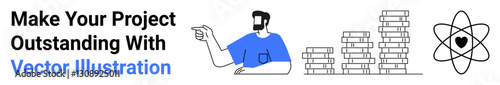 Man in blue shirt pointing at increasing coin stacks and atomic symbol highlighting innovation, progress, and financial growth. Ideal for education, science, business, technology, startups