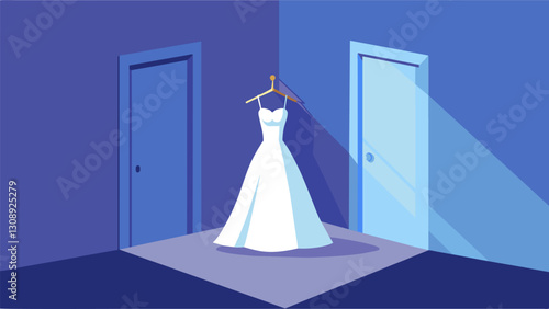 In the corner of the room the wedding dress hangs in all its glory waiting to be worn by the radiant bride.. Vector illustration