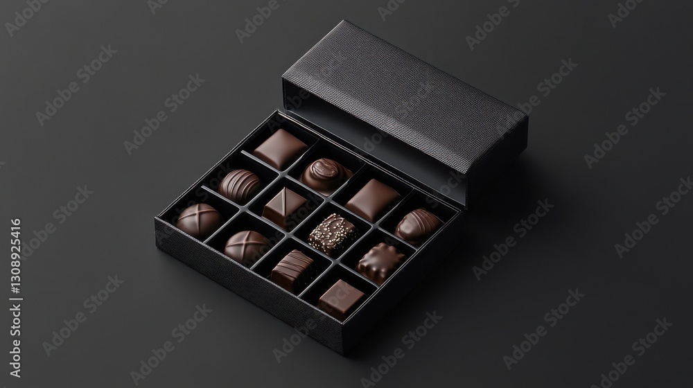 A box of assorted chocolates with a black background