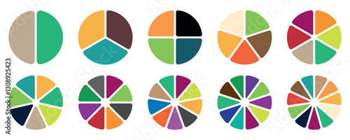 Circle division pie charts infographic icon set.  Collection of colorful diagrams. Different color circles isolated. Infographic element round shape. Vector illustration eps 10. 