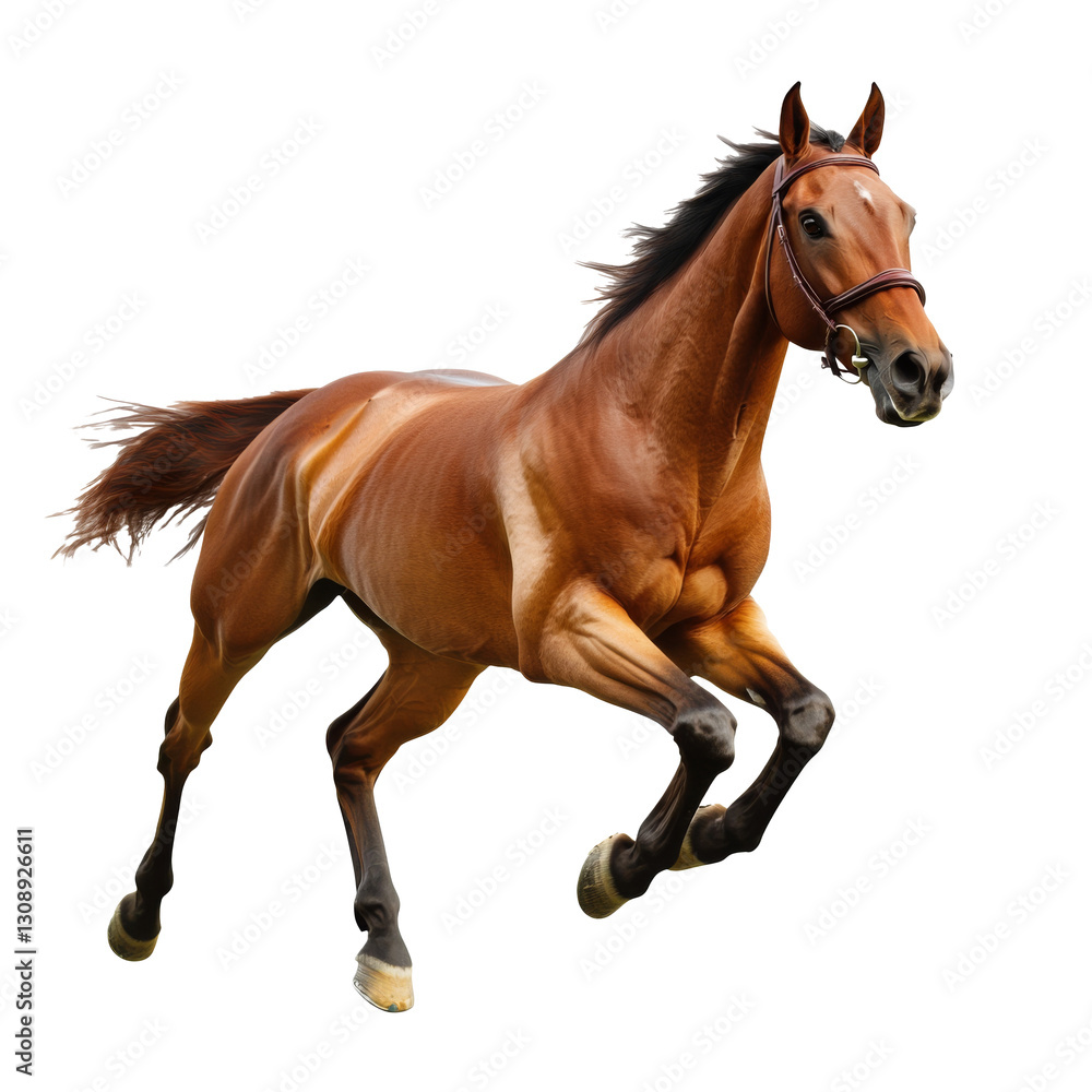 Strong bay horse galloping with speed and grace isolated on white background
