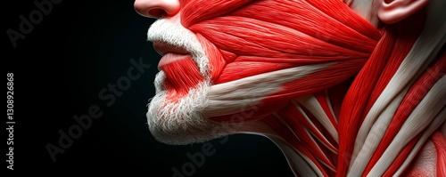 Striking Artistic Representation of Human Facial and Neck Muscle Anatomy in Vivid Red and White photo