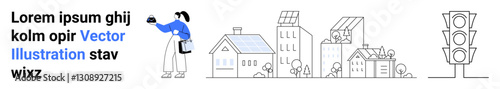 Person photographing eco-conscious urban scene featuring buildings with solar panels, trees, traffic light. Ideal for sustainability, renewable energy, urban living, green architecture