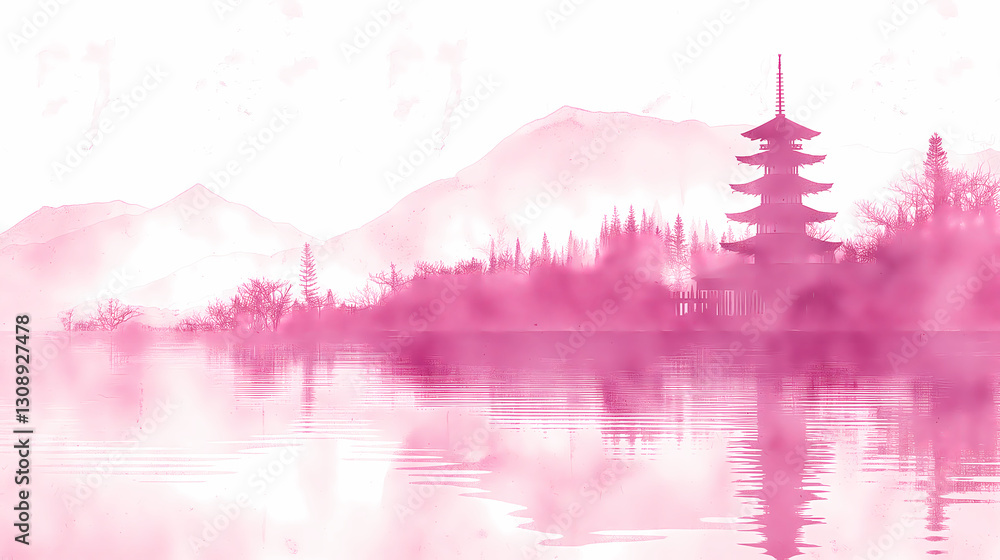 Obraz premium Oriental Lake & Mountain Landscape – Chinese Temple, Sakura & Watercolor Japanese Painting