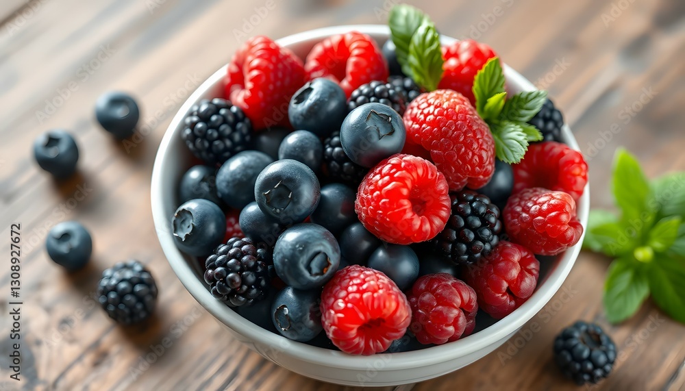 Fresh Berries in a White Bowl on a Wooden Table for Healthy Snacking and Fruit Desserts Fresh Berries in a White Bowl on a Wooden Table for Healthy Snacking and Fruit Desserts