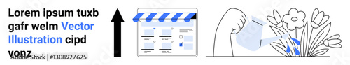 Website screenshot with blue accents, upward black arrow, hand holding watering can, nurturing blooming flowers. Ideal for marketing strategies, growth, SEO improvement, online success, business