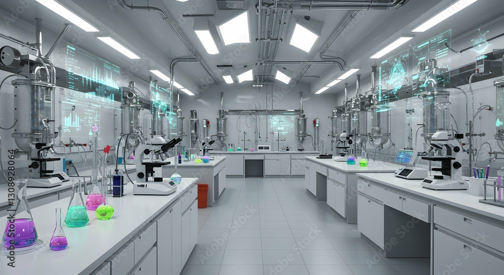A futuristic laboratory equipped with various scientific instruments, microscopes, and beakers filled with colorful liquids, representing a state-of-the-art research facility A futuristic laboratory equipped with various scientific instruments, microscopes, and beakers filled with colorful liquids, representing a state-of-the-art research facility