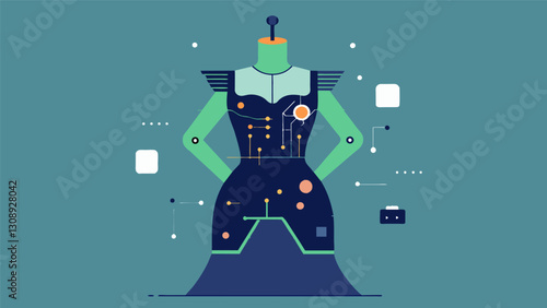 A futuristic dress made entirely from repurposed computer parts and wires proves that fashion can be both innovative and sustainable.. Vector illustration