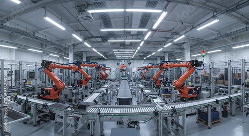 A sleek and modern factory floor featuring automated robotic arms assembling products on a conveyor belt, showcasing advanced manufacturing and industrial automation
