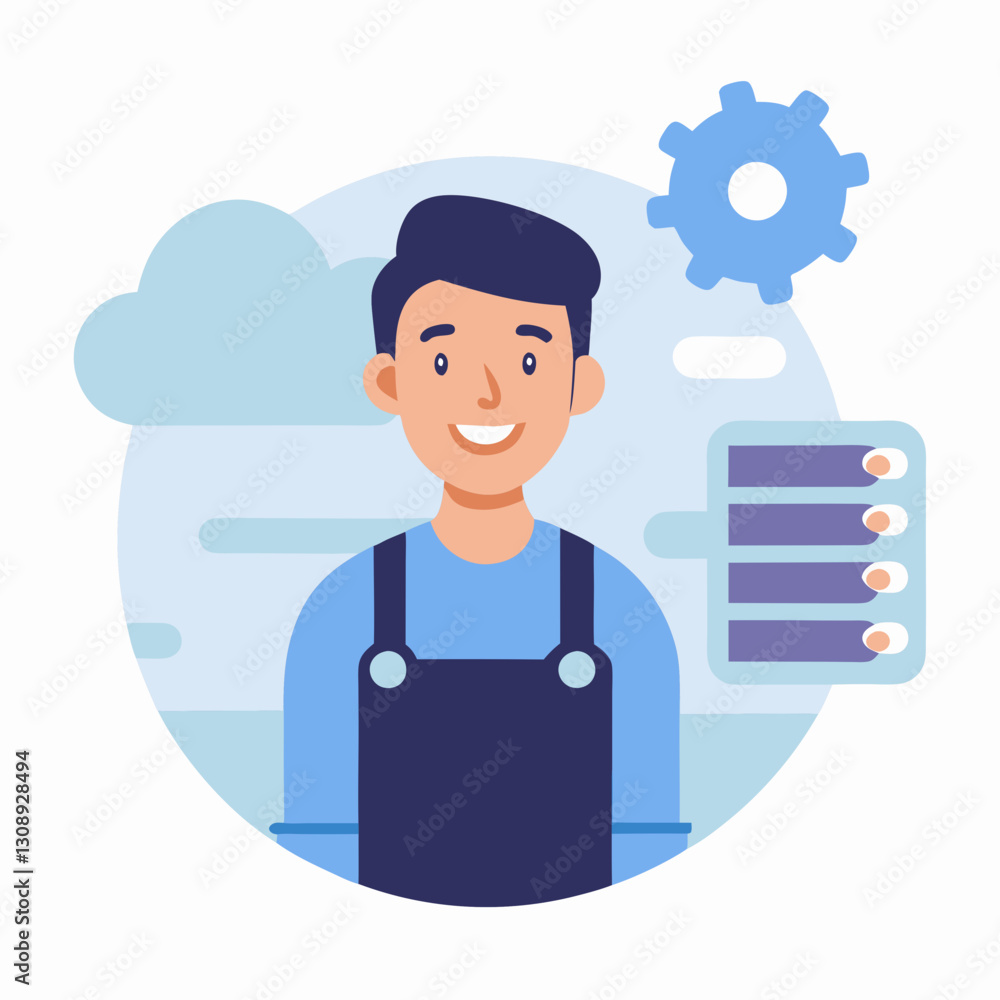 cheerful illustration of man in overalls, standing against background featuring cloud, gear icon, and checklist, symbolizing productivity and organization cheerful illustration of man in overalls, standing against background featuring cloud, gear icon, and checklist, symbolizing productivity and organization