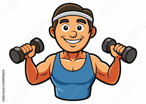 cheerful cartoon illustration of muscular man wearing blue tank top and white headband, holding dumbbells in both hands, symbolizing fitness and strength