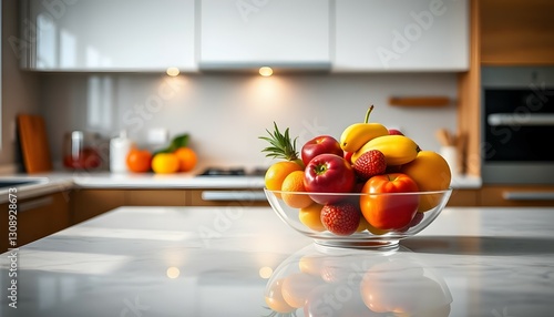 Fresh Fruit Bowl on a Modern Kitchen Counter with a Marble Countertop