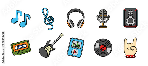 Music icon set colored. Audio and melody vector illustration. Collection of musical elements including notes, microphone, headphones, speaker and guitar. Vintage cassette, vinyl and playlist symbol.