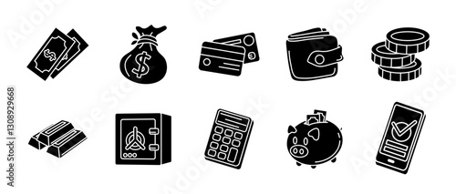 Money icon set. Finance and banking vector illustration. Includes cash, wallet, coins, piggy bank, credit cards, investment, safe and financial management symbols.