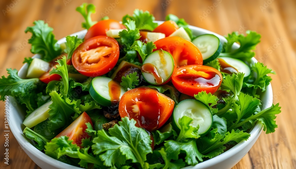 Fresh Salad Bowl with Crisp Lettuce Tomatoes and Cucumbers on Wooden Table Fresh Salad Bowl with Crisp Lettuce Tomatoes and Cucumbers on Wooden Table
