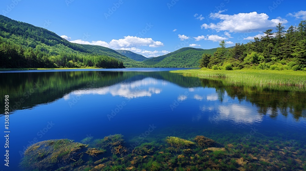 Serene Mountain Lake with Clear Blue Water and Lush Green Hills under a Sunny Sky Serene Mountain Lake with Clear Blue Water and Lush Green Hills under a Sunny Sky