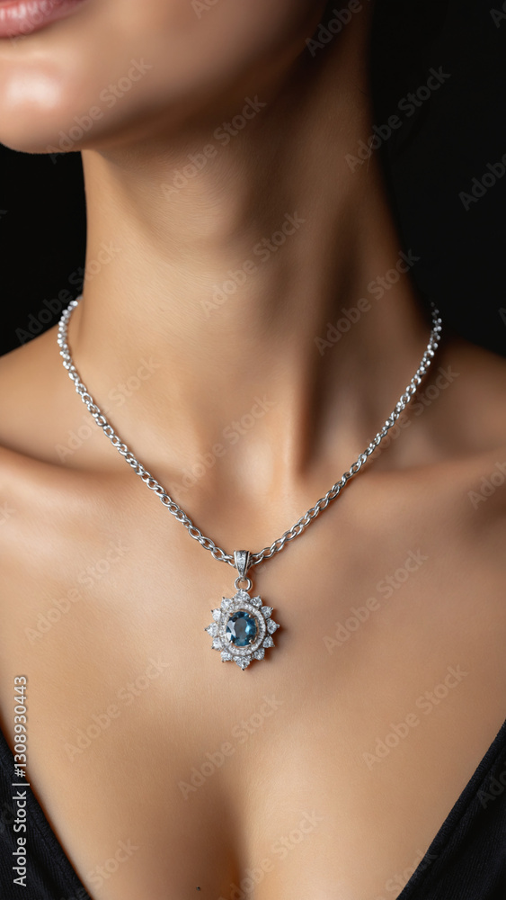 Closeup of woman neck wearing necklace with chain, luxury jewelry accessory for women Closeup of woman neck wearing necklace with chain, luxury jewelry accessory for women