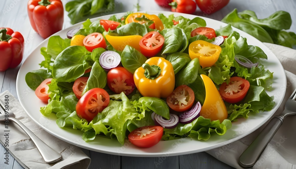 Fresh Salad with Tomatoes Yellow Peppers and Basil on White Plate for Healthy Meal