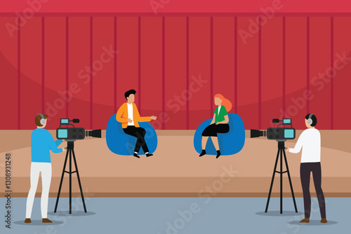 TV Interview Recording with Host, Guest, and Camera Crew on Studio Stage 2d flat vector illustrations