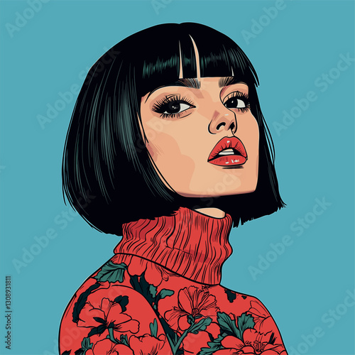 Illustration of an elegant and beautiful woman with black bob hair, wearing a red flower pattern turtleneck sweater in a cool pose against a blue background,