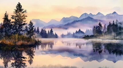 Crédence de cuisine  Soft hues of orange and purple emerge as the sun rises over a peaceful lake. Mist hovers above the water, reflecting the surrounding evergreen trees and distant mountains  © mila103