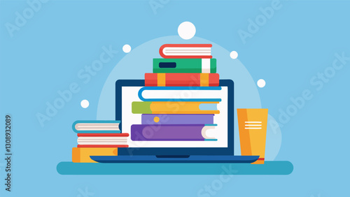 The image of a laptop sitting on top of piles of textbooks representing the integration of technology and digital resources in online education which. Vector illustration
