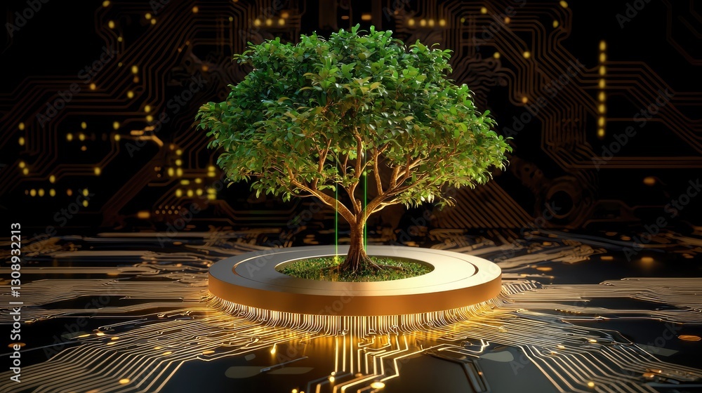 Obraz premium A digital tree emerging from a futuristic circuit board, symbolizing the harmony of tech and nature.