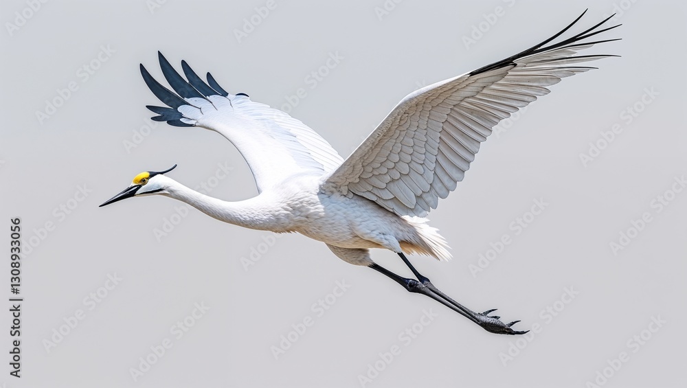 Obraz premium Whooping crane soaring in the bright sky with wide open wings