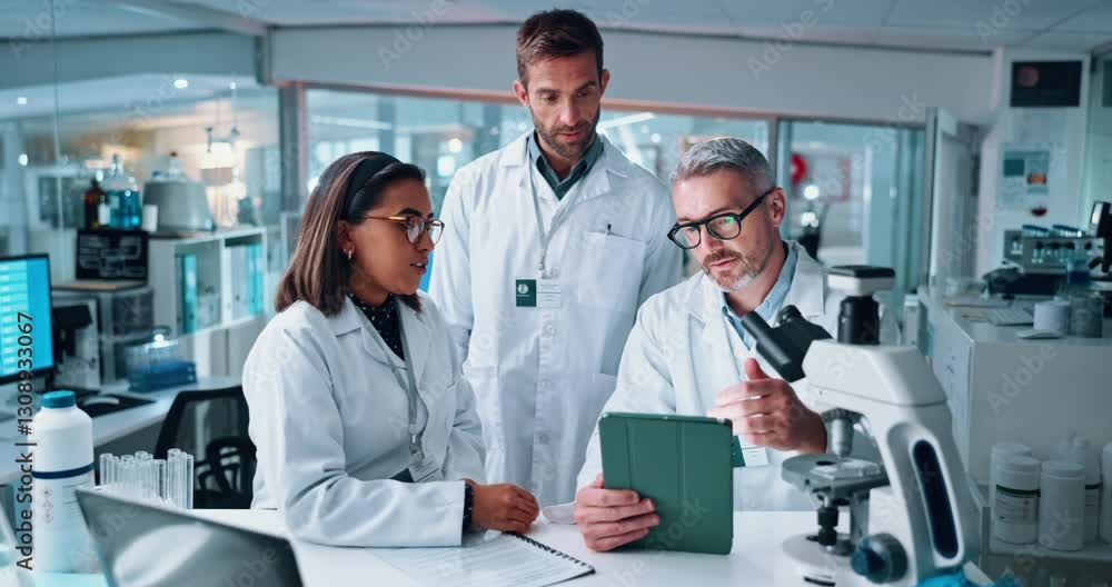 People, scientist and talking on tablet in lab for research, experiment results and medical report. Staff, discussion and digital for healthcare feedback, investigation study and checklist of vaccine People, scientist and talking on tablet in lab for research, experiment results and medical report. Staff, discussion and digital for healthcare feedback, investigation study and checklist of vaccine