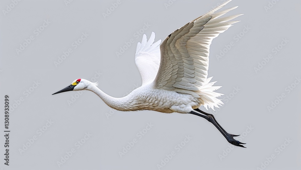Obraz premium Whooping crane flying with wide open wings on light grey background