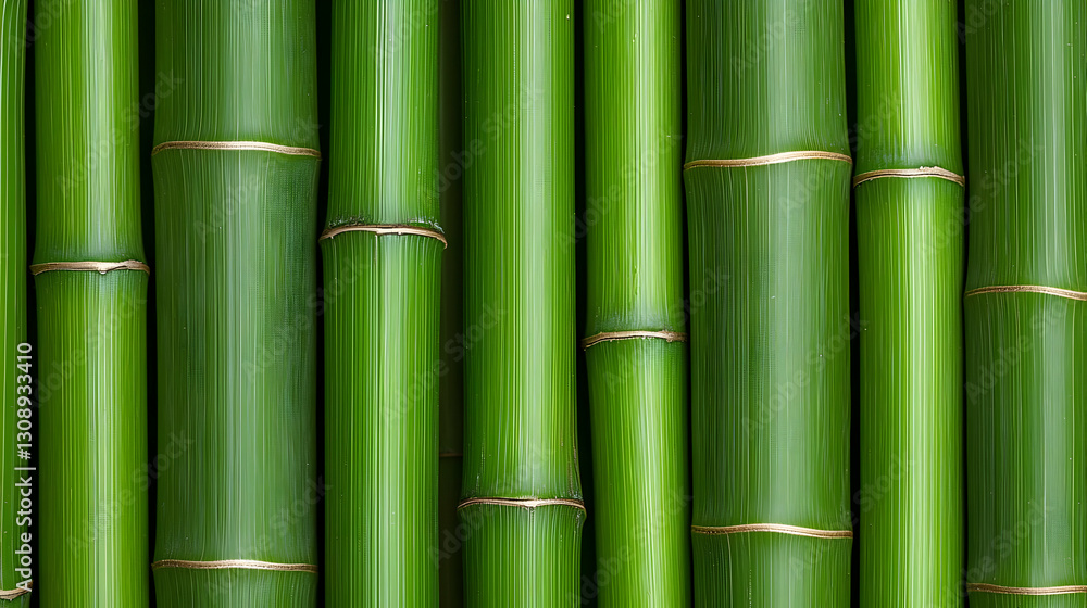 Fototapeta premium Vertical Arrangement Of Shiny Green Bamboo Stems With Copper Accents Forming A Pattern
